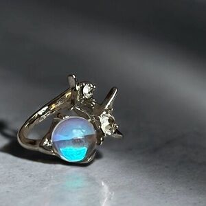 Silver Tone Split Shank MoonStone Ring With Crystal Accents